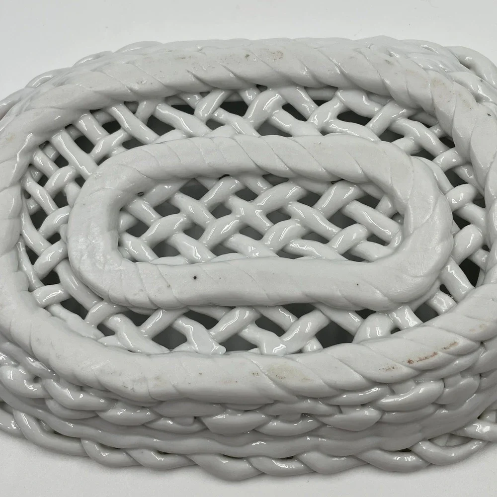 White Ceramic Lattice Woven Basket Oval Trinket Dish Pink Blue Applied Flowers